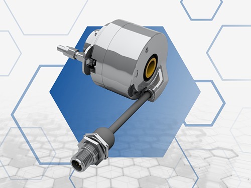 Zylindrischer AFS 58 Safety Encoder von Dunkermotoren aus Metall mit angeschlossenem Kabel und verschraubtem Rundsteckverbinder, schräg dargestellt vor einem blauen hexagonalen Hintergrund.